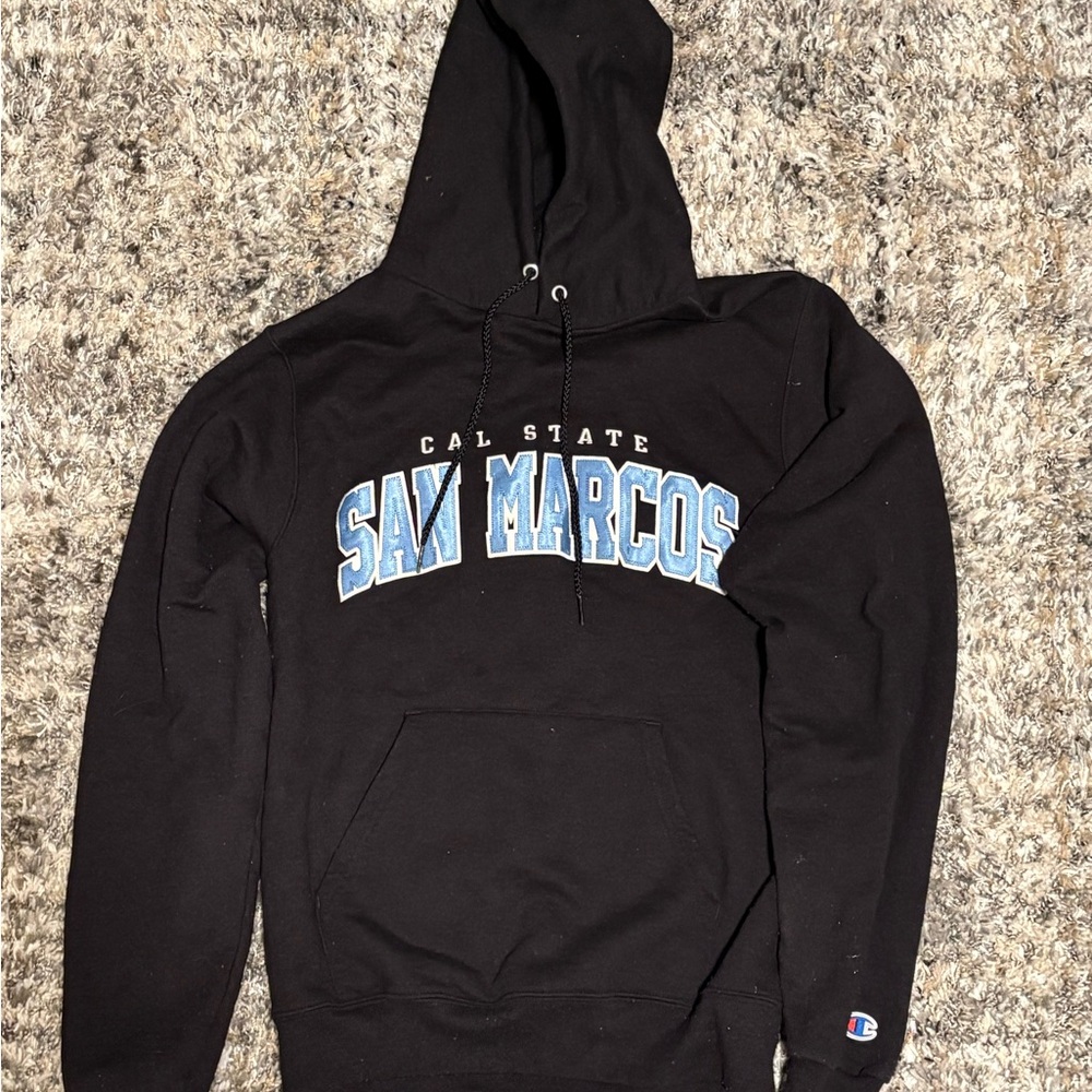 Champion Black Hoodie with Blue Cal State San Marcos Logo